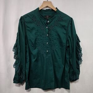 J. Crew Eyelet Ruffle Trim Peasant Top Women's M Green Boho Retro Cottagecore